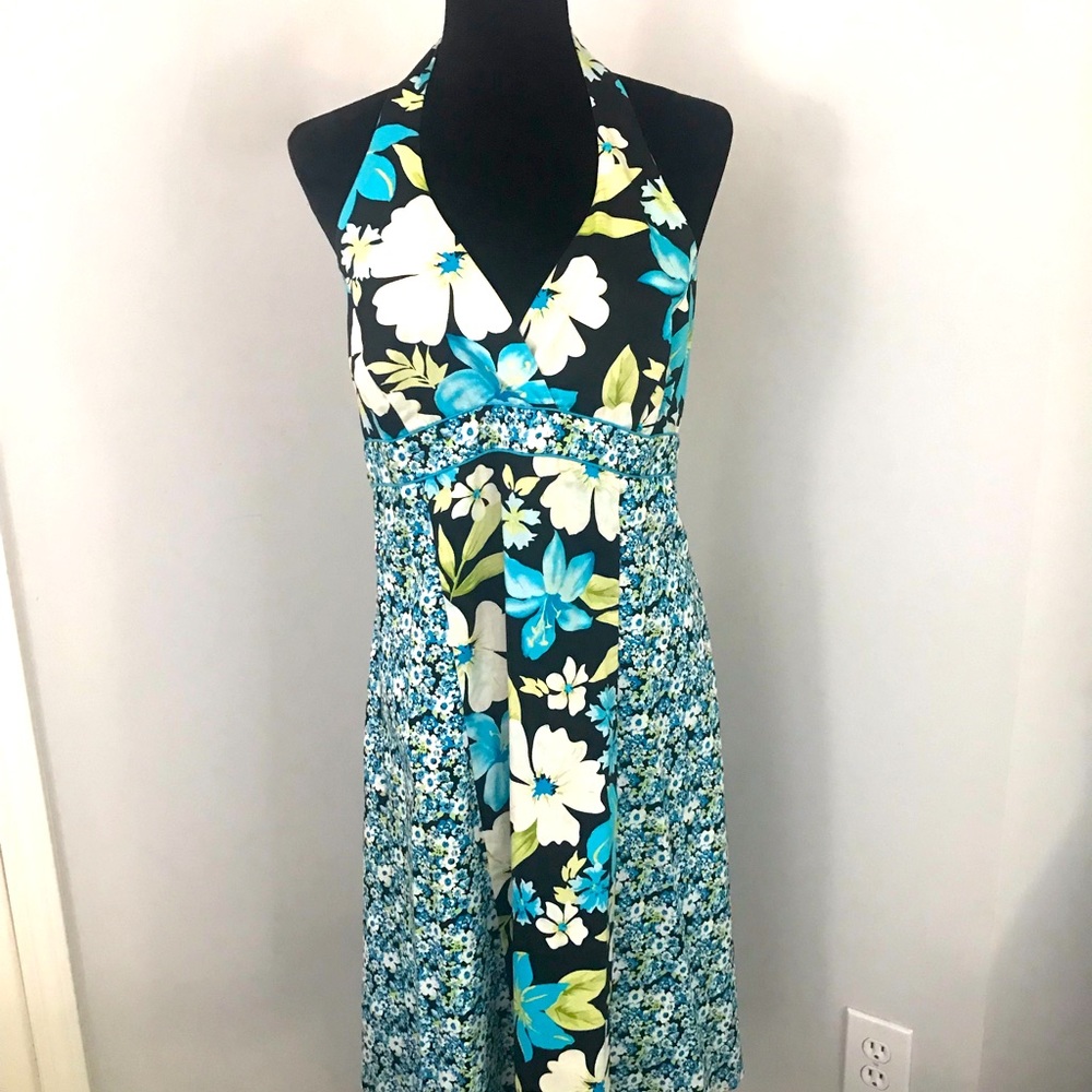 Blue & White Tropical Print Halter Dress by Sangria. Size 16